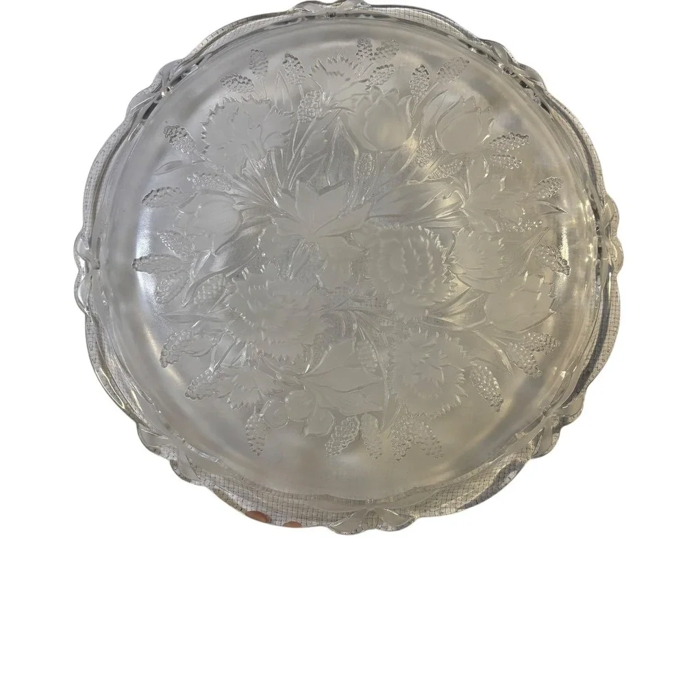 Crystal‎ Clear Bouquet Glass Round Serving Plate Vintage 14in Floral